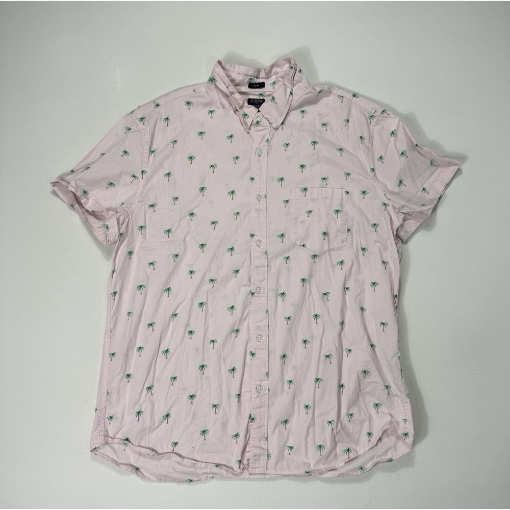 J Crew Flex Washed Men’s 2XL Slim Fit Button Shirt Pink Palm Tree Print Vacation